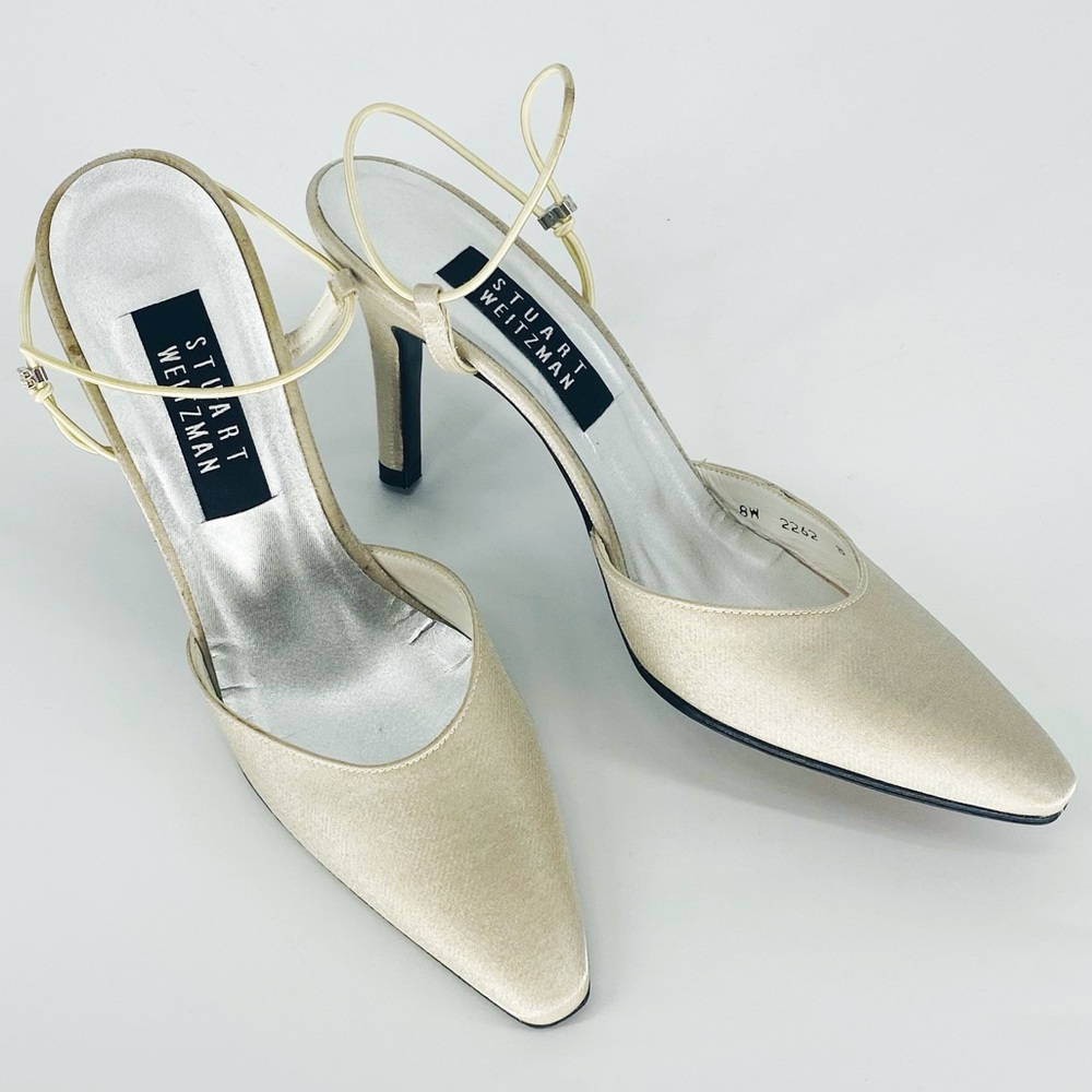 Stuart Weitzman Vintage Cream Beige Sling Back Rhinestone Low Heeled Pumps 8 AA